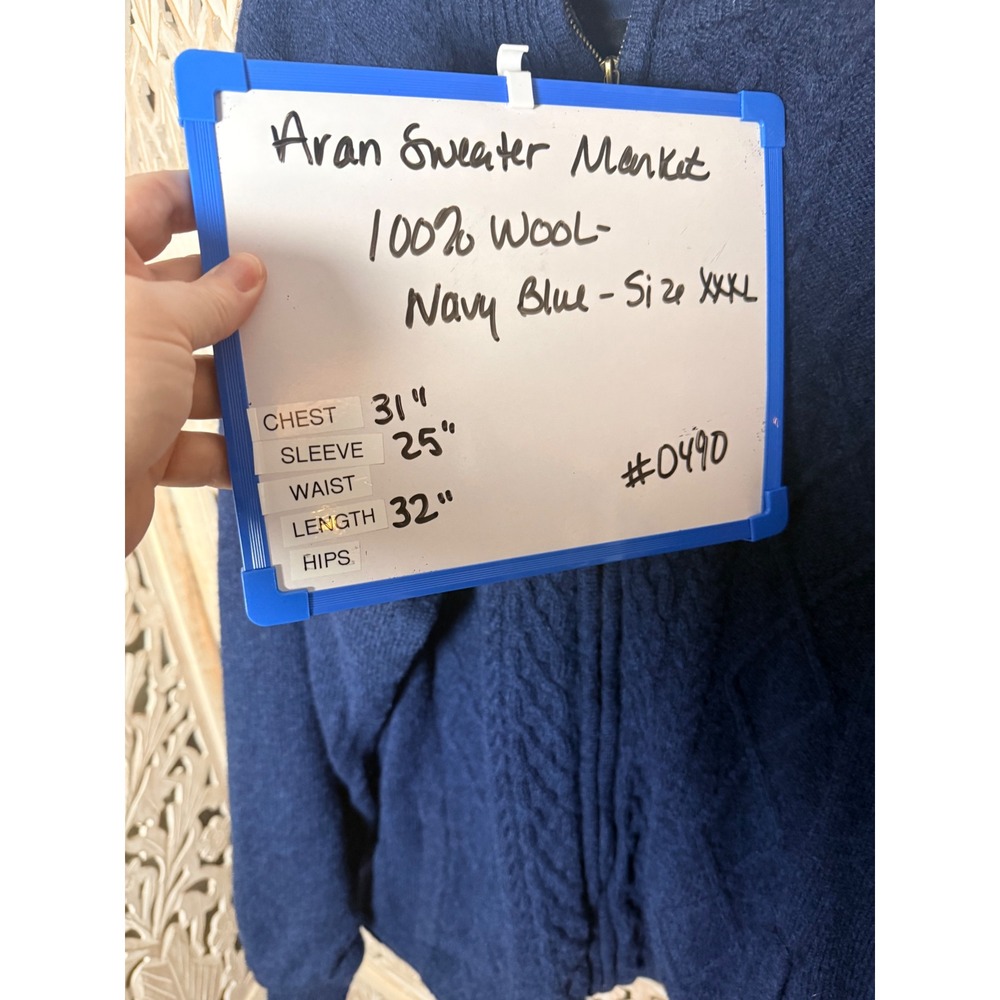 Aran Sweater Market Navy 100% Wool Zip Cable Knit Poncho XXL Made Ireland - Picture 6 of 12